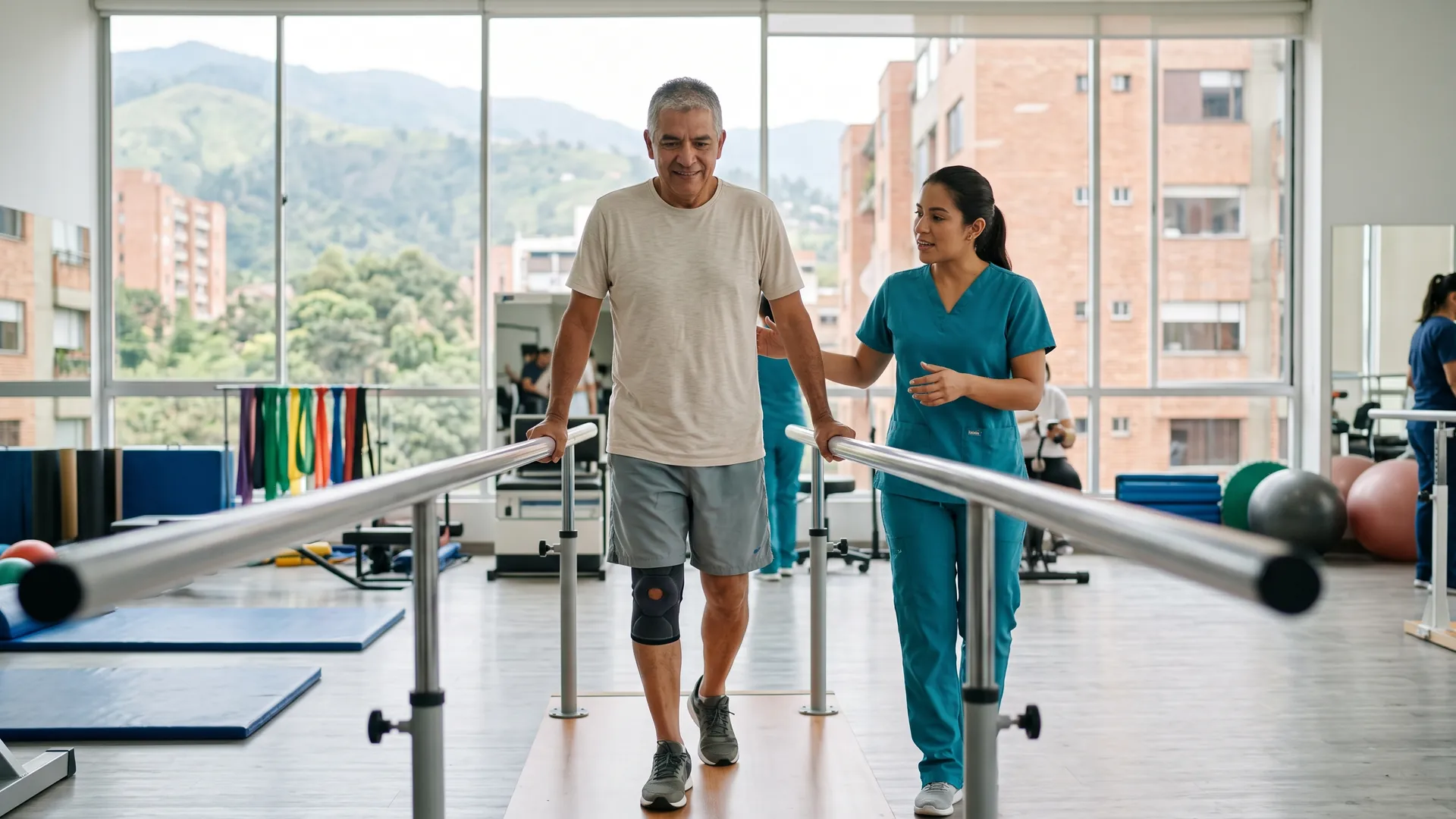 Un paciente camina con una rodillera entre barras paralelas en un gimnasio de rehabilitación, acompañado por su fisioterapeuta